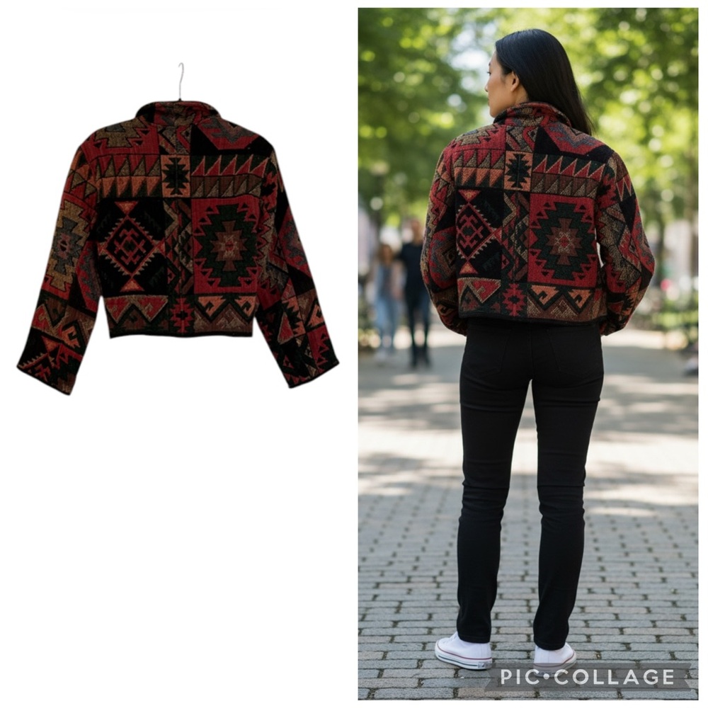 Flashback Raspberry Multi Aztec Southwestern Cropped Tapestry Jacket Vintage S - Picture 13 of 14
